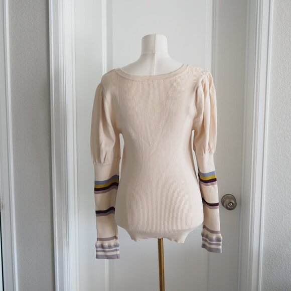 Free People Cream Long Puffed Striped Sleeve Ribbed Knit Sweater Sz Medium Boho - Picture 4 of 15